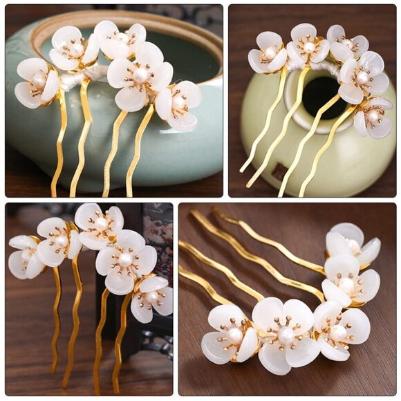 3 Pcs Jade Flower Hair Comb Hair Stick Chinese Retro Chignon Pin Accessories main image 4